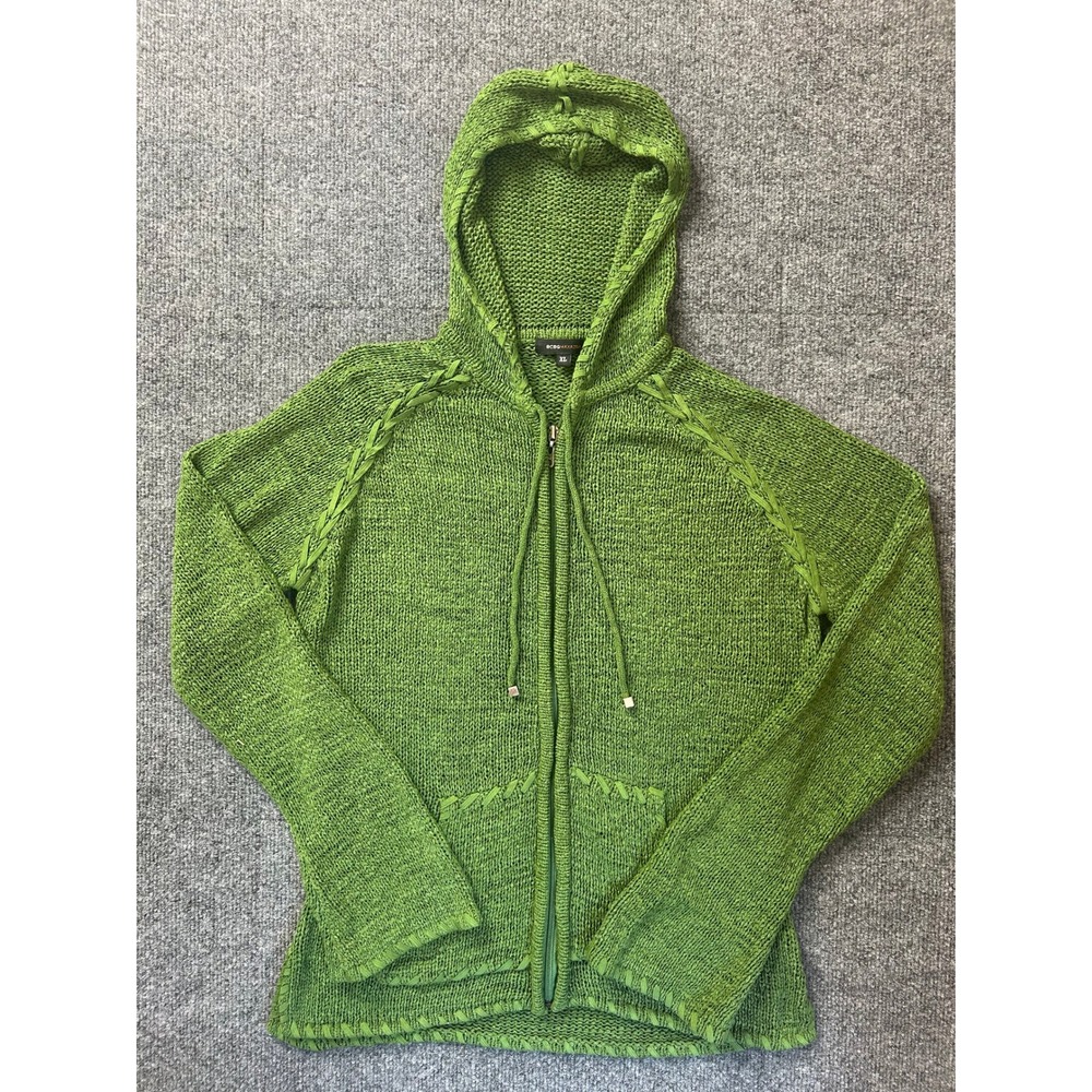 BCBGMAXAZRIA Knit Hoodie Women XL Green Braided Trim Zip Up Sweater